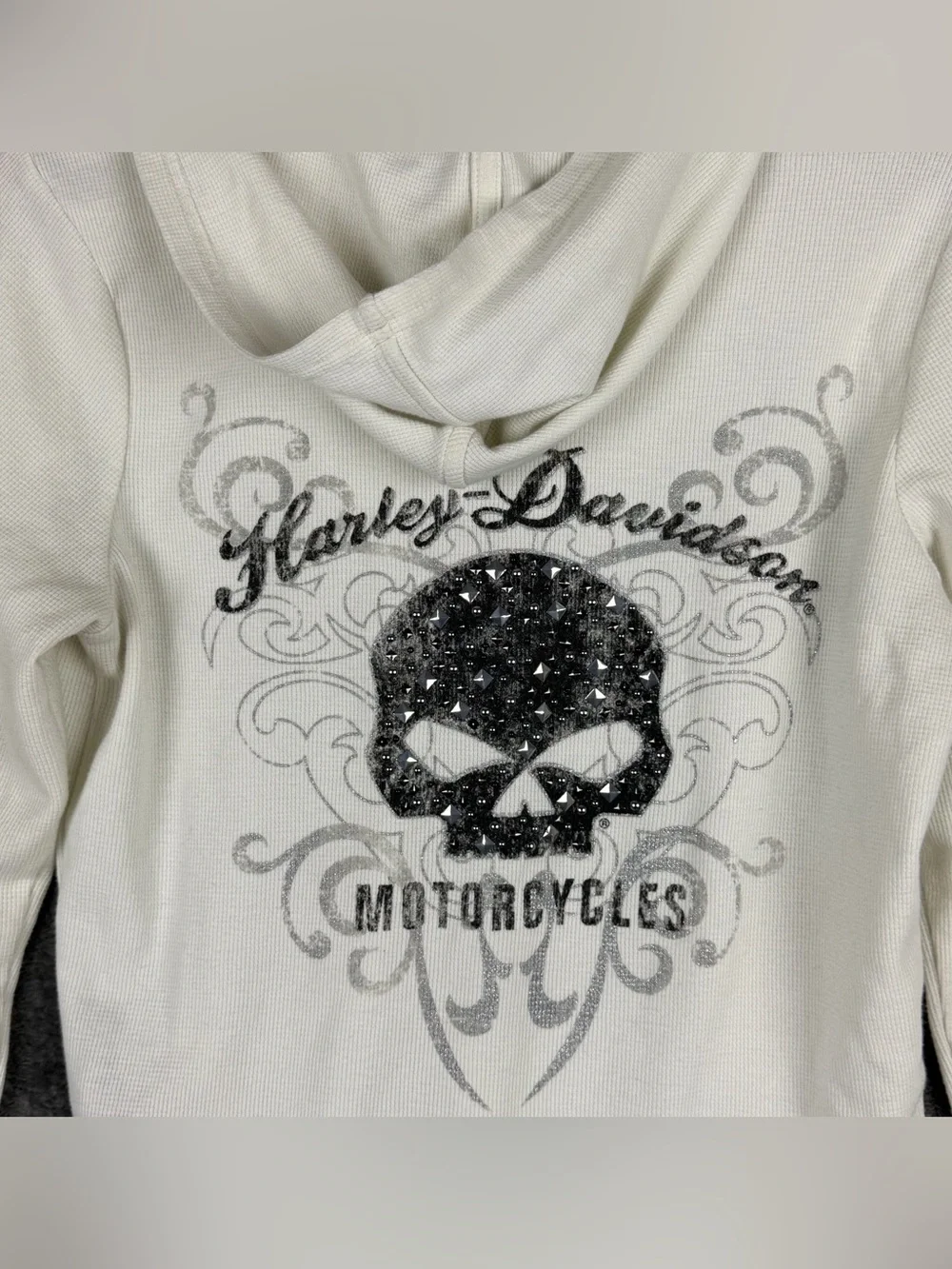 Harley Davidson White Cream Waffle Lace Up Skull Thermal Hoodie Women's Large - Picture 8 of 15